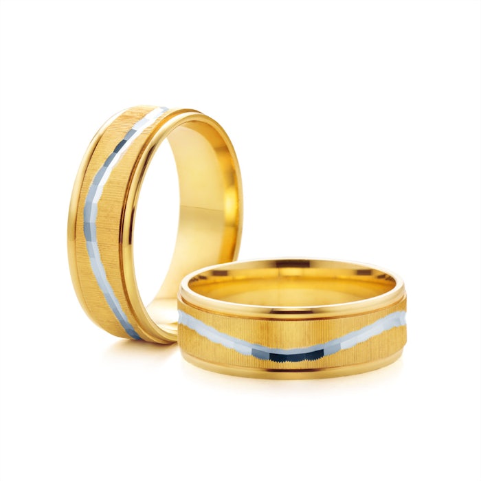 Esküvői karikagyűrűk: kétszínű arany, lapos, 6 mm