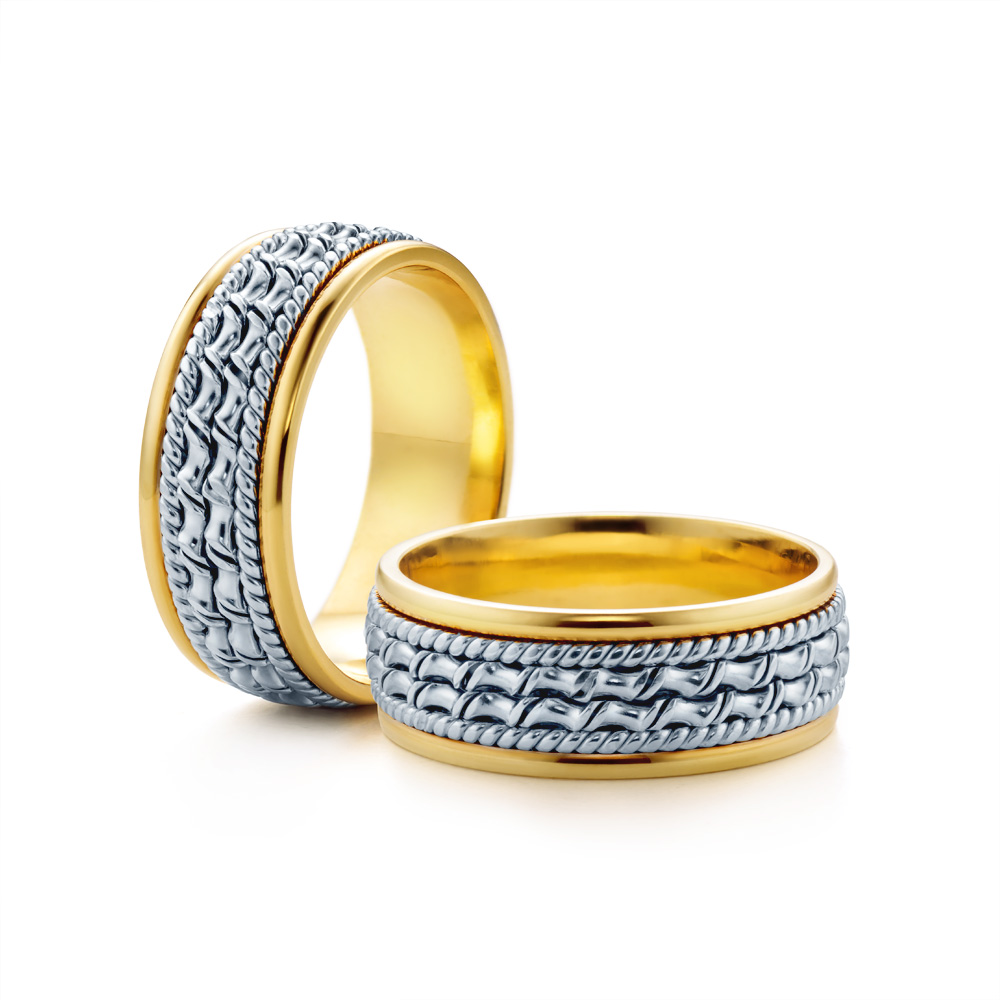 Wedding Rings: two color gold, Flat Shaped, 7 mm