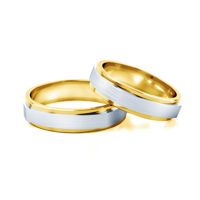 Esküvői karikagyűrűk: kétszínű arany, lapos, 5 mm