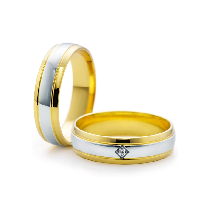 Esküvői karikagyűrűk: kétszínű arany, félkörös profil, 5 mm