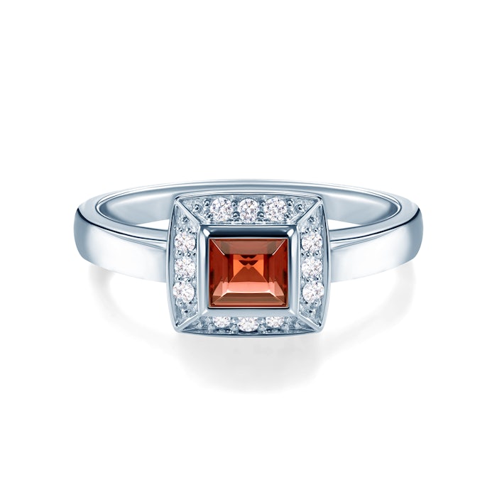 SAVICKI eljegyzési gyűrű: fehérarany, gránát és gyémántok