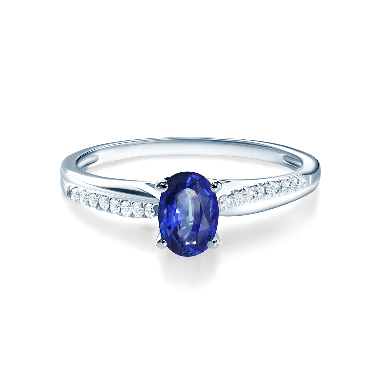 Side-Stone Engagement Ring: white gold, blue sapphire, diamonds