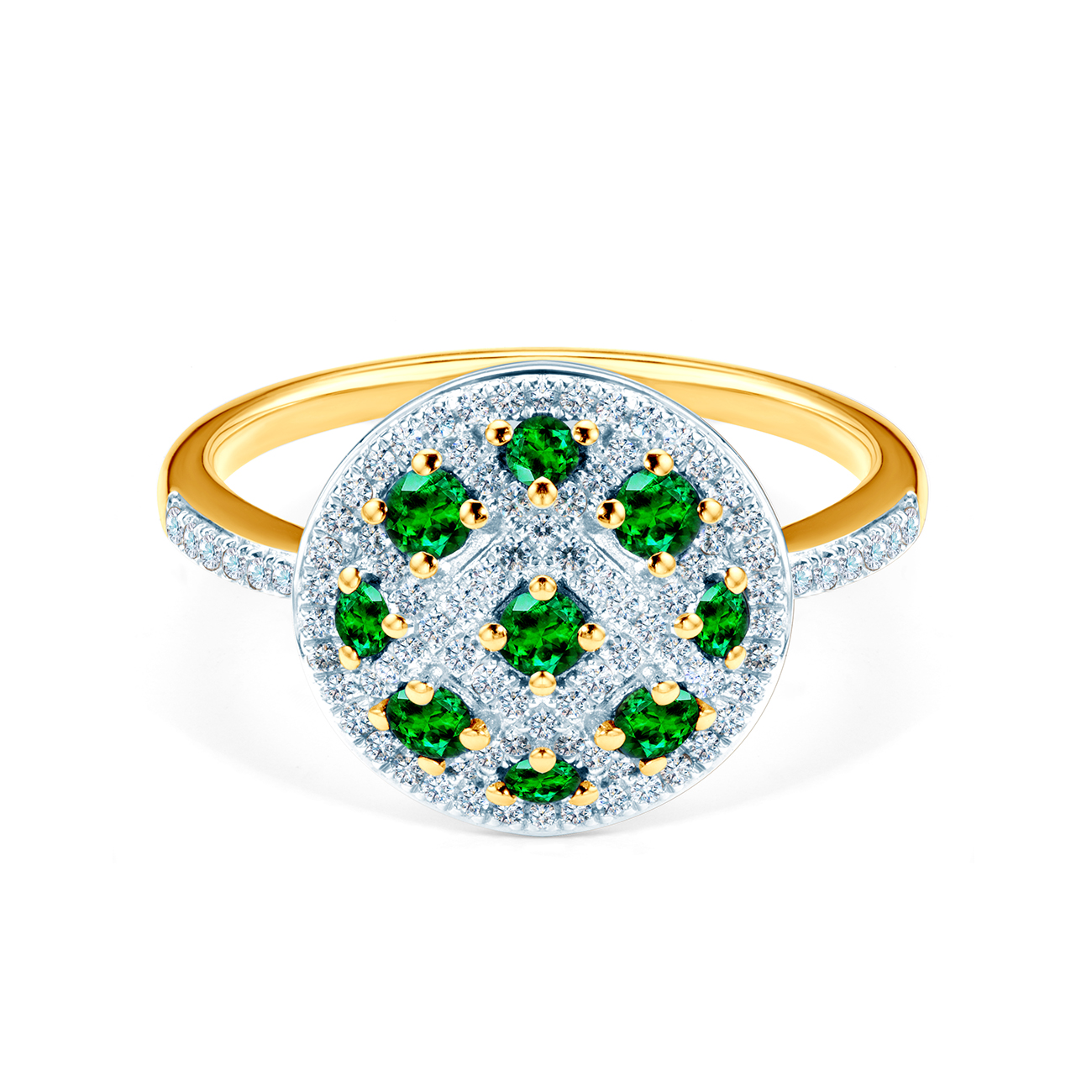 Пръстен: двуцветно злато. диаманти. смарагди