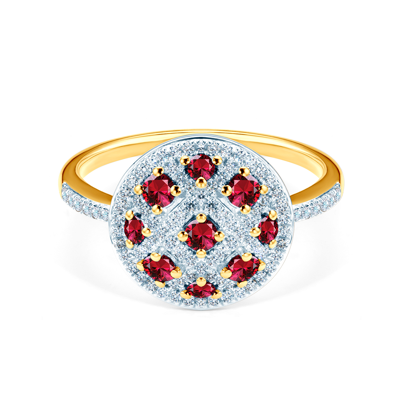 Ring: two color gold, diamonds, rubies