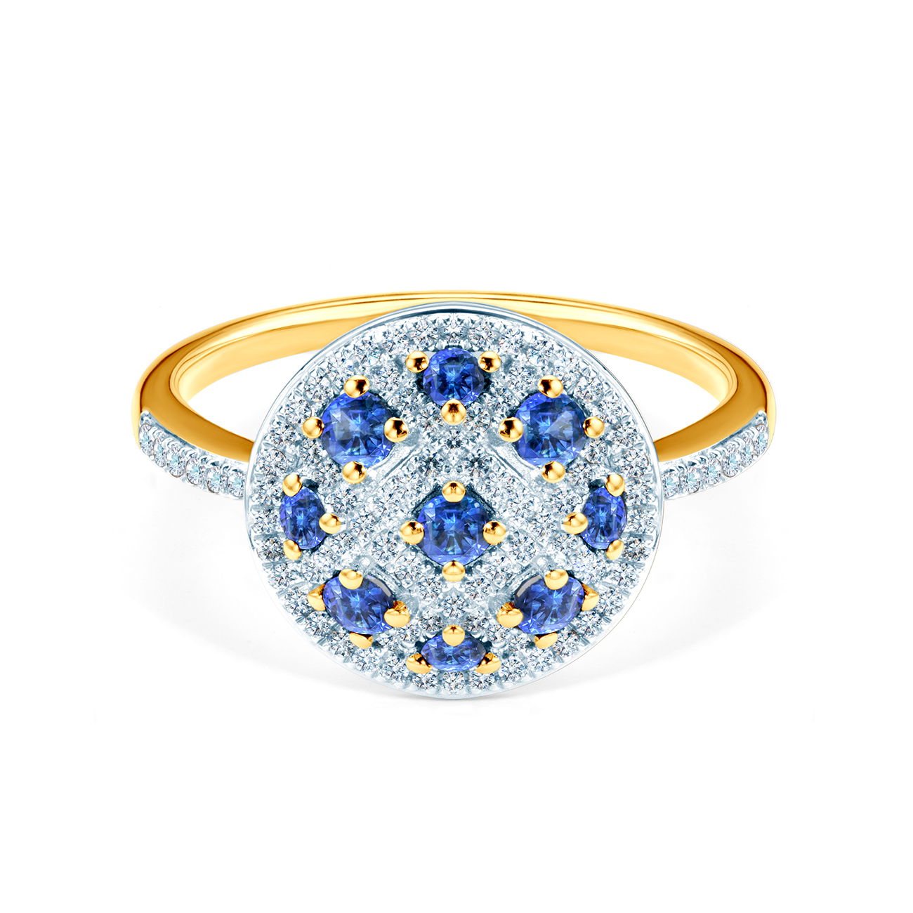 Verlobungsring Savicki: Zweifarbiges Gold, Blaue Saphire, Diamanten